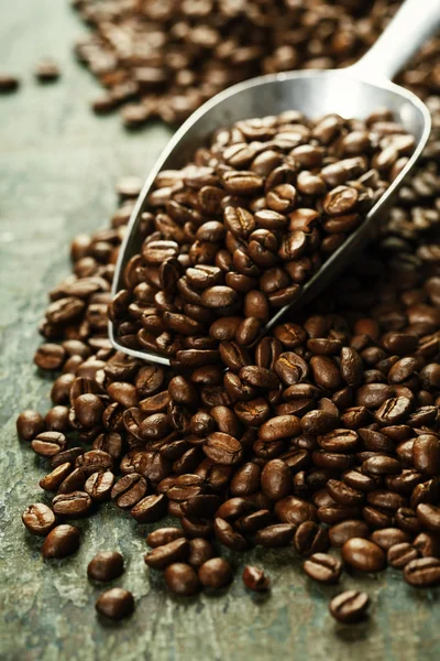 Kávová zrna a kovová naběračka — Stock fotografie