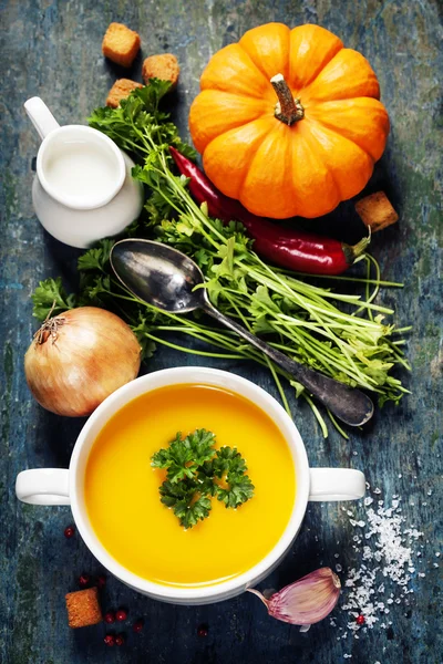 Kürbissuppe mit frischen Zutaten — Stockfoto