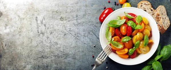 Fresh tomatoes with basil leaves in a bowl — Stock Photo, Image