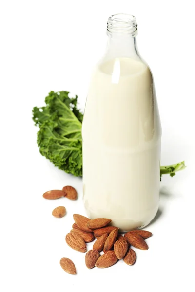 Almond milk and organic kale  - fresh smoothie ingredients — Stock Photo, Image