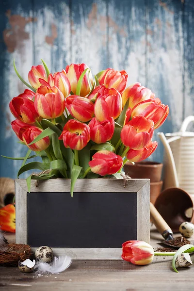 Schöner Tulpenstrauß, Ostereier und Gartengeräte auf Holz — Stockfoto