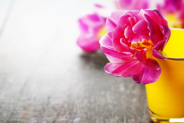 Pink tulips on wooden background — Stock Photo, Image