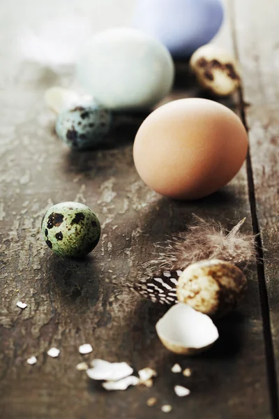 Ovos de páscoa em fundo de madeira — Fotografia de Stock