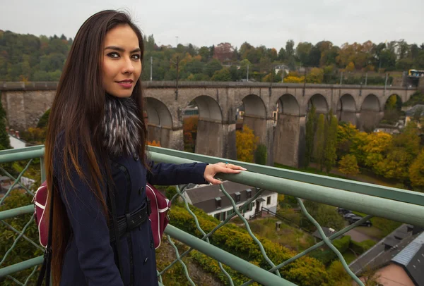 Attraktive junge Frau mit langen, schönen Haaren posiert im Freien. — Stockfoto