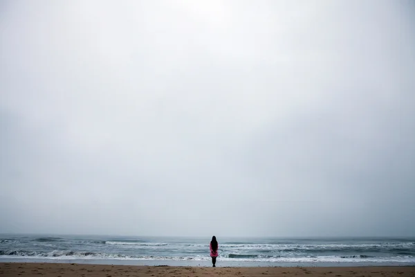 Jeune femme aux cheveux longs debout sur la plage de la mer du Nord dans la soirée nuageuse . — Photo