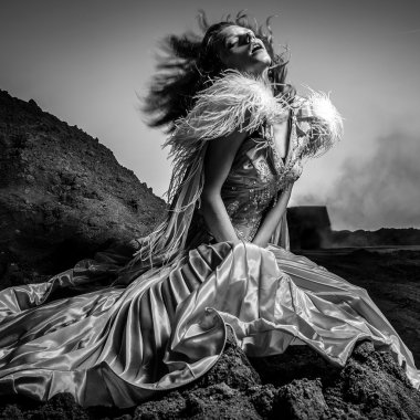 Peri masalı kuru alan çekici romantik kadın portresi siyah-beyaz Güzel Sanatlar.