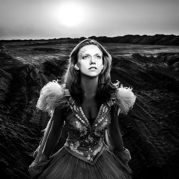 Retrato de arte blanco y negro de una atractiva mujer romántica en un campo seco de cuento de hadas . —  Fotos de Stock
