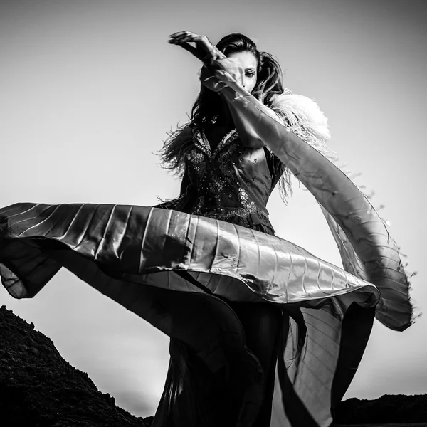 Retrato de arte blanco y negro de una atractiva mujer romántica en un campo seco de cuento de hadas . — Foto de Stock