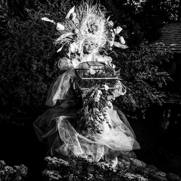 Imagen dramatizada de una chica sensual que simboliza la naturaleza. Arte blanco y negro moda al aire libre foto . — Foto de Stock