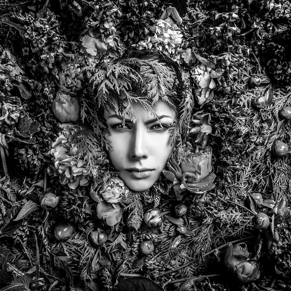 おとぎ話の少女の肖像画は、自然の植物や花に囲まれました。ファンタジーの様式でブラック ホワイト アート画像. — ストック写真
