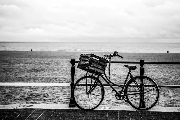 老款式自行车提着篮子在海牙，荷兰北海海岸。黑白照片. — 图库照片