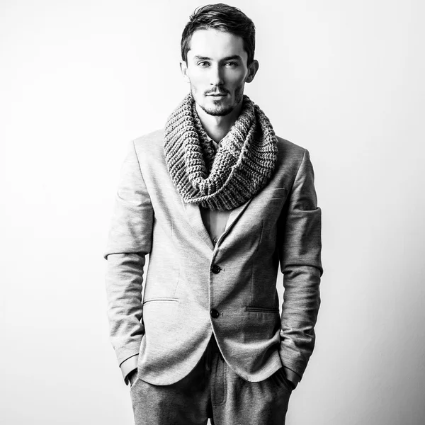 Elegant stylish handsome man. Black-white studio fashion portrait. — Stock Photo, Image