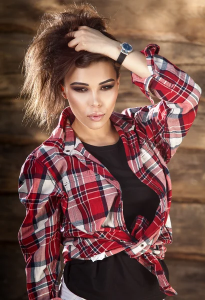 Young sensual & beauty woman pose on grunge wooden background — Stock Photo, Image