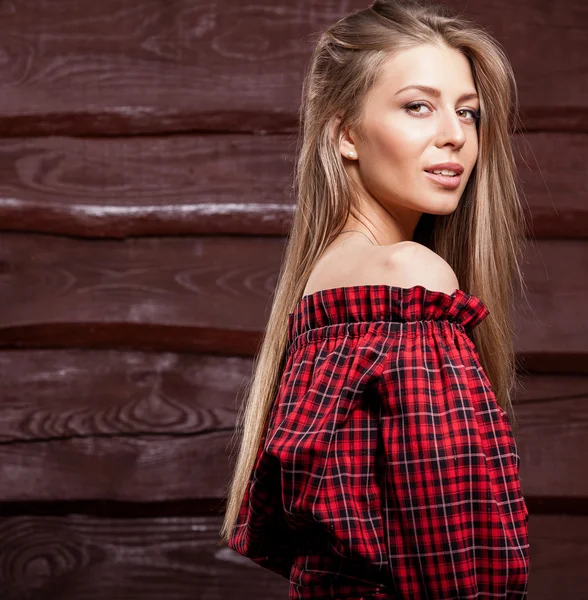 Young sensual & beauty blonde woman pose on wooden background — Stock Photo, Image