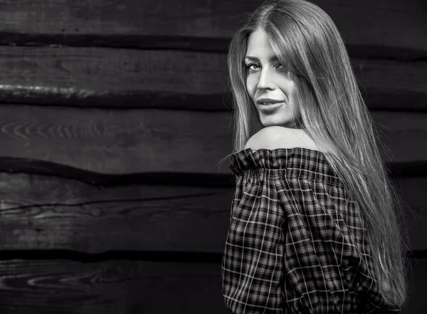 Young sensual & beauty blonde woman pose on wooden background — Stock Photo, Image