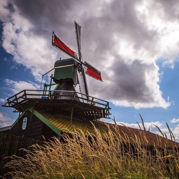 Голландська вітряками з драматичним хмарного неба — стокове фото