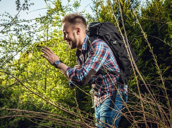 Joven hombre guapo viajero turístico con una mochila de marcha posa contra la naturaleza de verano . —  Fotos de Stock