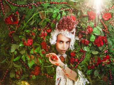 Fairy tale woman portrait surrounded with natural plants and roses. Art image in bright fantasy stylization. clipart