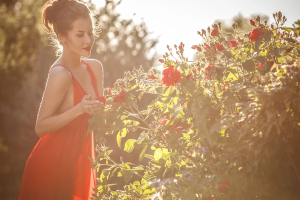 Outdoors portrait of beautiful young brunette girl in luxury red dress posing in summer garden. — Stockfoto