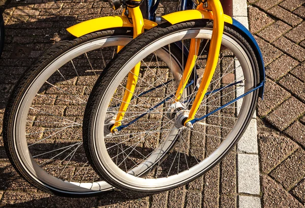 Cyklar parkerade på bro. — Stockfoto