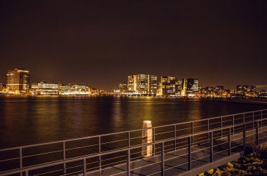 Amsterdam şehir manzaraları gece. Şehir peyzaj genel görünüm.