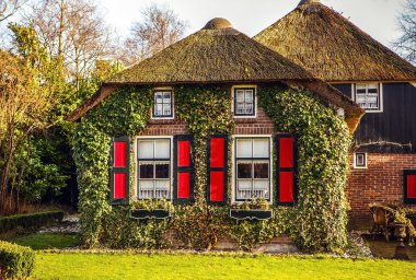 Giethoorn, Hollanda thatched çatı ile eski rahat ev.