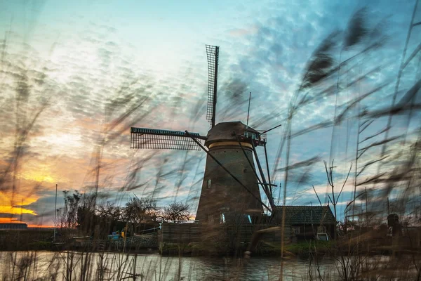 Wiatraki i kanały wodne o zachodzie słońca w Kinderdijk, Holandia. — Zdjęcie stockowe