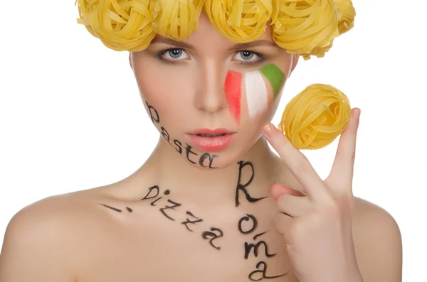 Woman with pasta and symbols of Italy — Stock Photo, Image