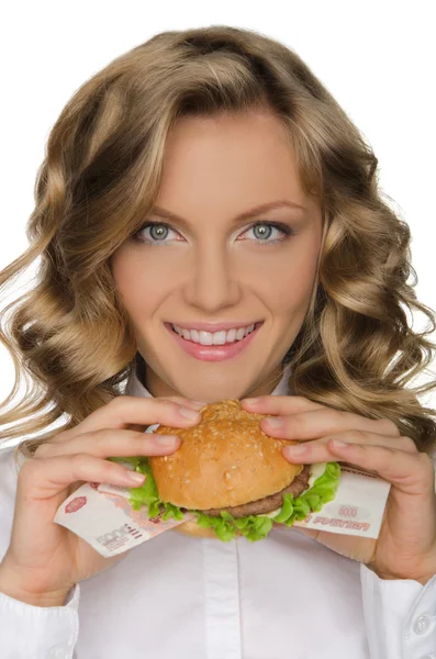 Young woman with hamburger from RUR — Stock Photo, Image