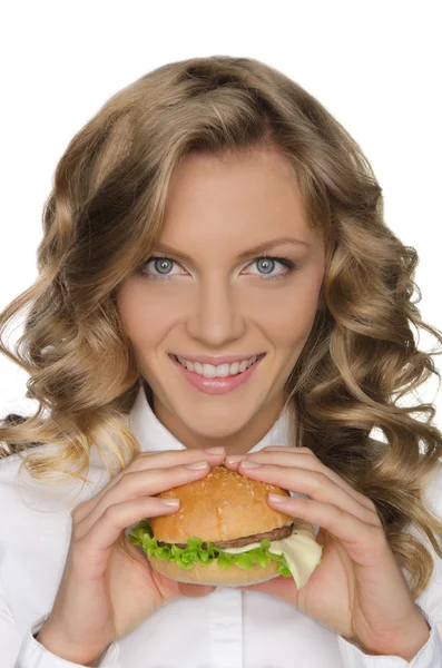 Belle jeune femme avec hamburger Image En Vente