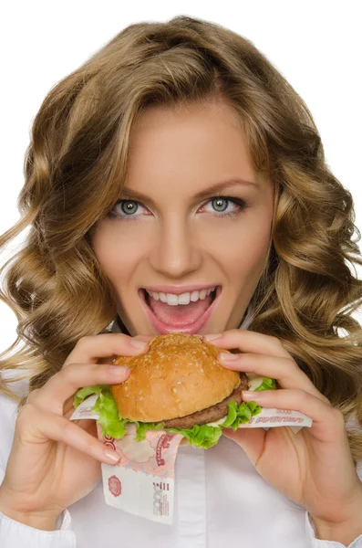 Νεαρή γυναίκα πρόκειται να δαγκώσει το Burger από ρούβλια — Φωτογραφία Αρχείου