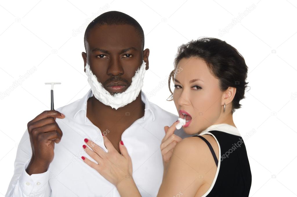 Sexy asian  licking foam from dark men with razor