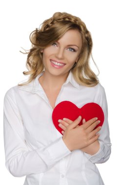 Beautiful blonde pushes heart to himself  clipart