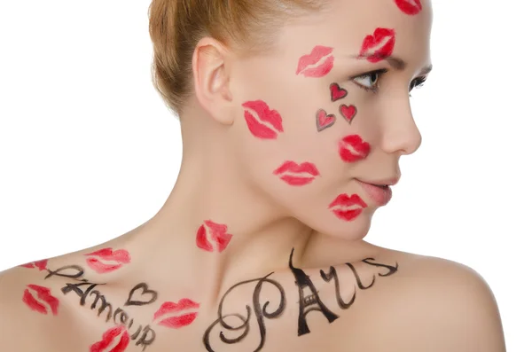 Young woman with face art on theme of France — Stock Photo, Image