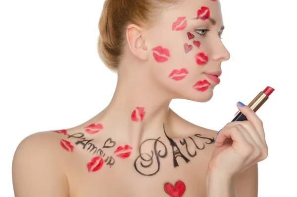 Beautiful woman with face art on theme of Paris — Stock Photo, Image