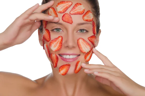 Happy woman with mask of strawberries — Stock Photo, Image