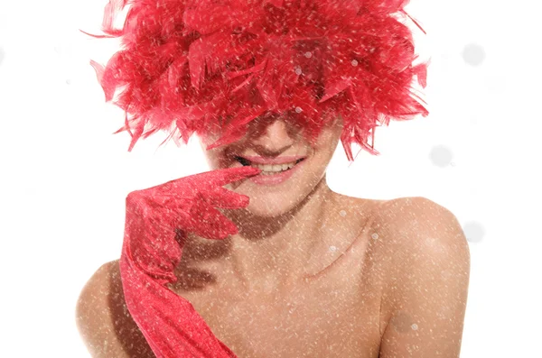 Retrato de mujer sexy en peluca, guantes y nieve — Foto de Stock