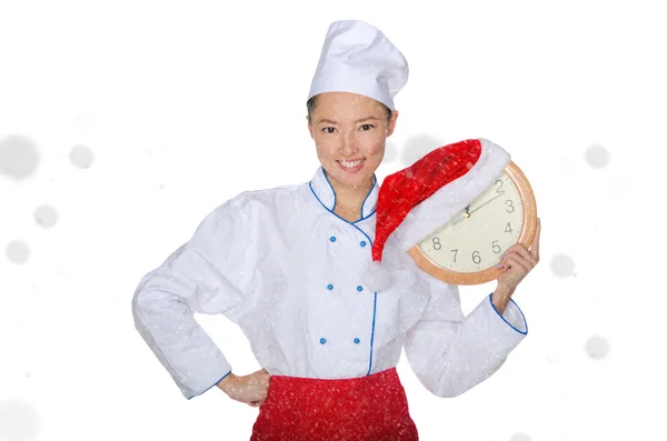 Aziatische chef-kok met klok en KERSTMUTS — Stockfoto