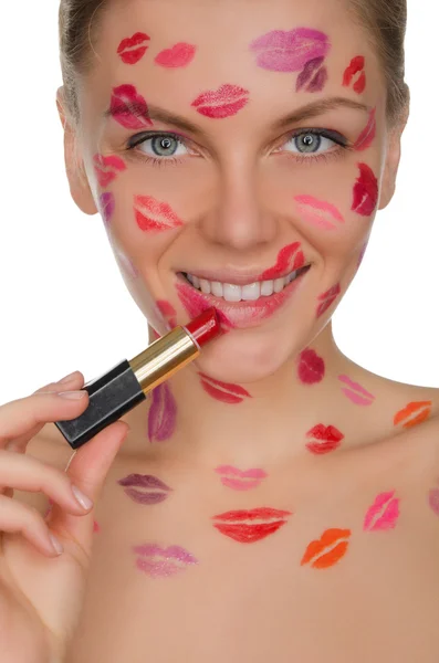 Young woman with kisses on face in lipstick and lips — Stock Photo, Image