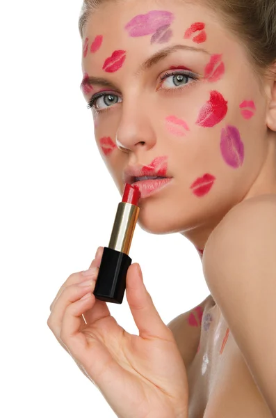 Sexy woman with kisses on face and lipstick — Stock Photo, Image