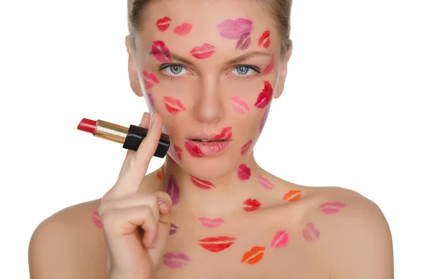 Charming woman with kisses on face in lipstick and lips — Stock Photo, Image