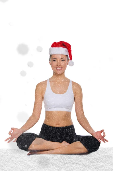 Happy asian woman in christmas hat with snow trains fitness — Stock Photo, Image