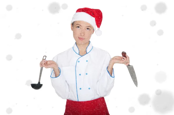 Doubters asian chef in christmas cap with container under snow — Stock Photo, Image