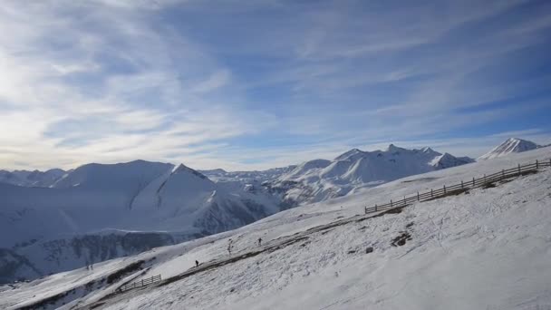 Elevadores de esqui que se movem através da floresta de inverno coberta de neve, vista inferior — Vídeo de Stock
