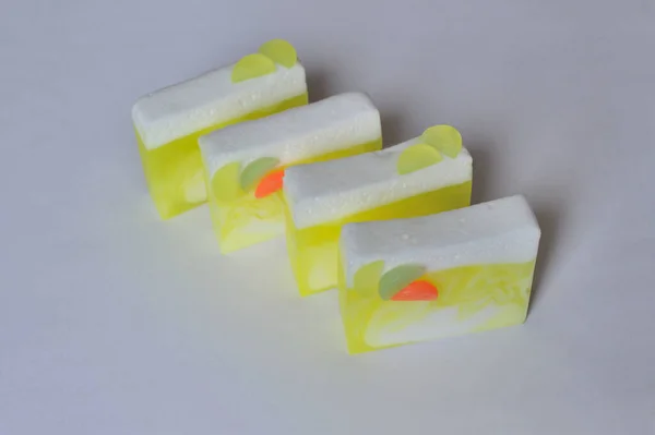 Four Pieces Handmade Citrus Soap Decorated Lemon Lime Orange Grooves — Stock Photo, Image