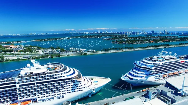 Miami - 27 februari 2016: Kryssningsfartyg i Miami hamn. Staden — Stockfoto