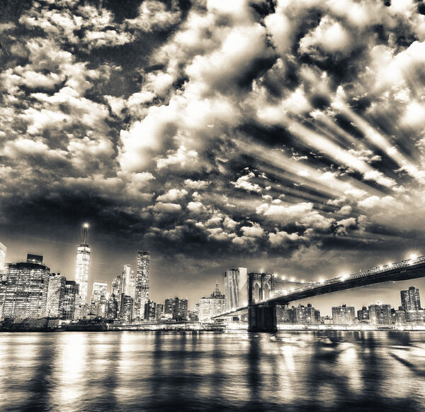 Amazing panoramic view of Lower Manhattan at sunset from Brooklyn, NYC.
