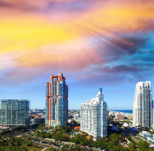 Miami Beach sunset skyline from South Pointe Park, Aerial view - — Stock Photo, Image