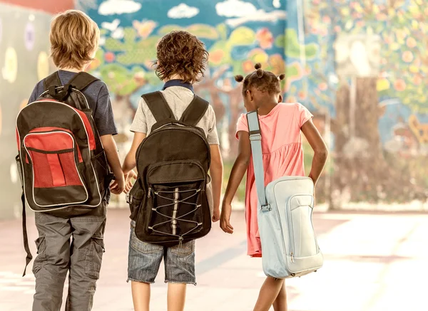 Multi etnikai osztálytársai séta az iskolaudvaron, látható hátulról — Stock Fotó