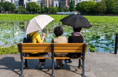 Japon bayanlar Shinobazu gölet önünde rahatlatıcı